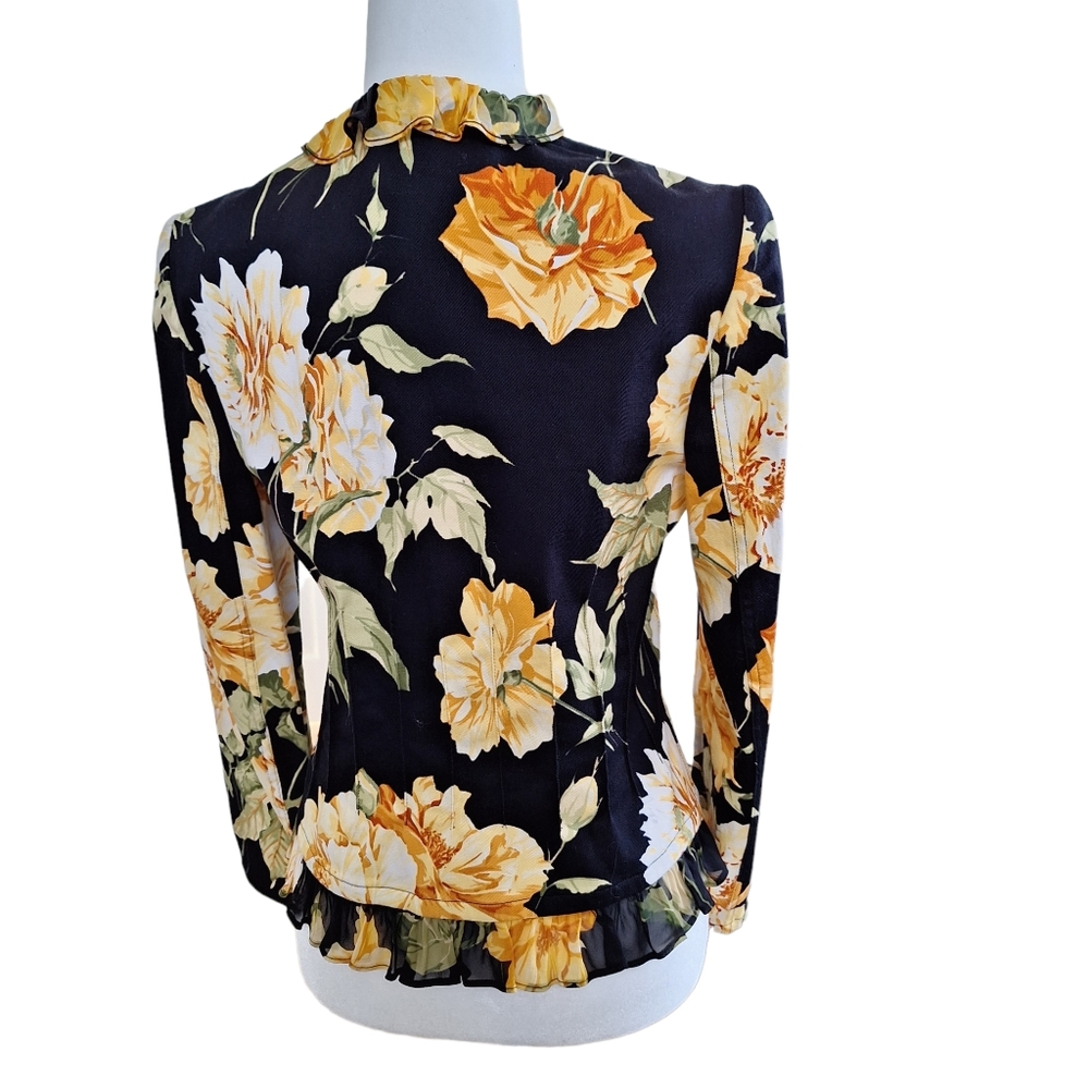 St. John Sport by Marie Gray Black Yellow Floral Ruffle Trim Blazer Jacket szS - Picture 9 of 13
